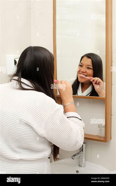 Latina Year Old Woman Brushes And Takes Care Of Her Teeth To Prevent Cavities Dressed In