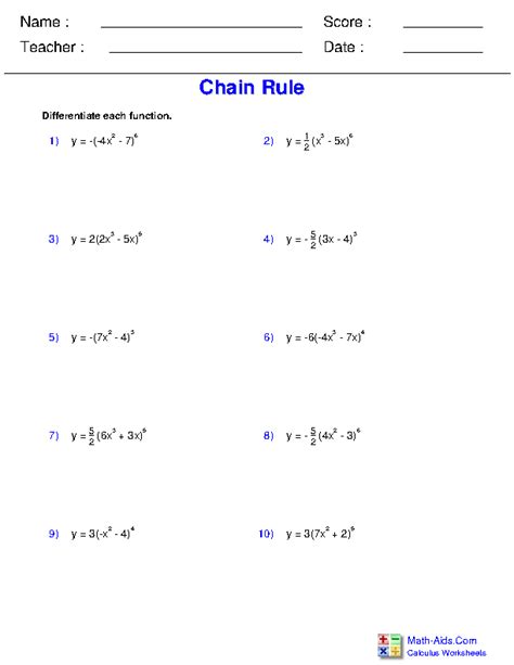 Chain Rule Derivatives Worksheet Rule Calculus