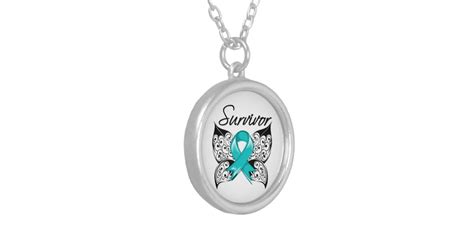 Ovarian Cancer Survivor Butterfly Round Pendant Necklace Zazzle