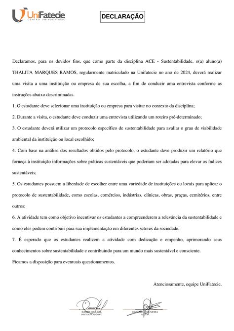 Declaração de sustentabilidade DECLARAÇÃO Declaramos para os devidos