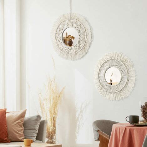 Lot de 2 Miroir Mural Macramé Rond Miroir Muraux avec Frange Suspendu