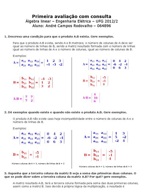 Exercícios De Álgebra Linear 1 Determinante Matriz Matemática