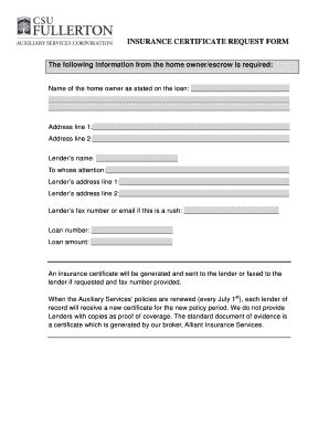 Fillable Online Csufasc Insurance Certificate Request Form Csuf Asc