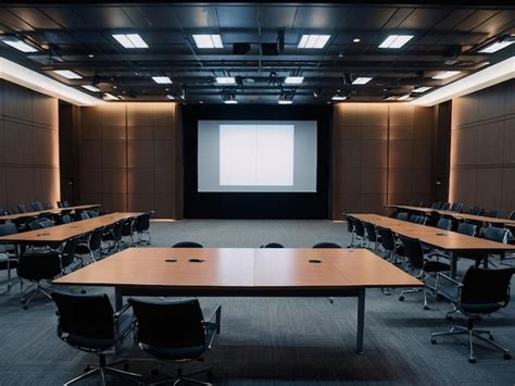 A conference room with a large screen that says conference | Premium AI ...