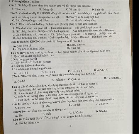 I Trắc nghiệm 7 điểm Câu 1 Sinh học là môn khoa học nghiên cứu về