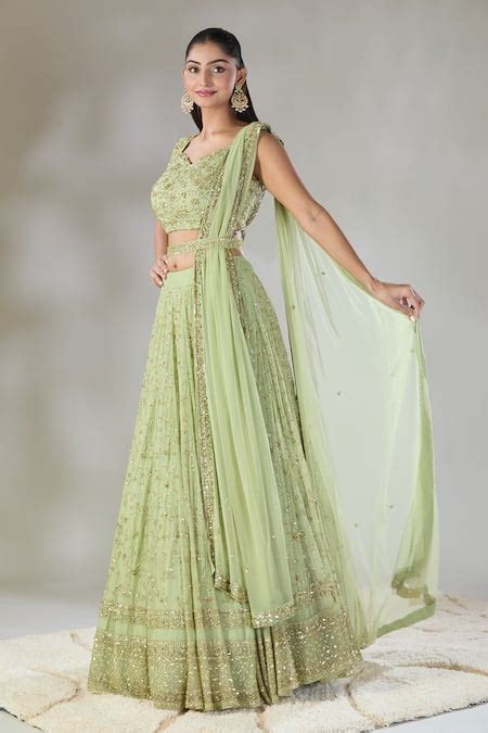 Buy Green Net Embroidered Floral Jaal Sweetheart Heavy Work Lehenga Set