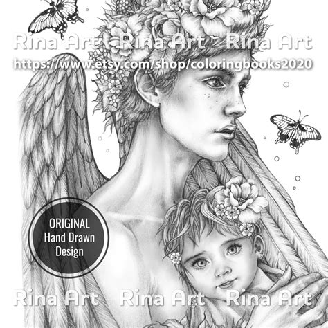 My Angel Coloring Page Printable Adult Colouring Pages Book Download Grayscale Illustration 