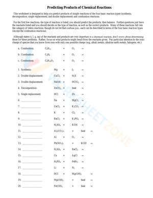 Grade Predicting Products Of Chemical Reactions Worksheets