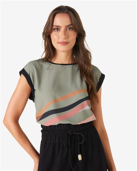 Riachuelo Blusa Feminina Ampla Manga Curta Chiffon Abstrata Preto Ak