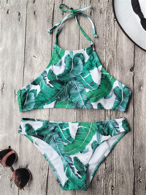 25 OFF 2021 Tropical Leaf Print High Neck Bikini In GREEN ZAFUL