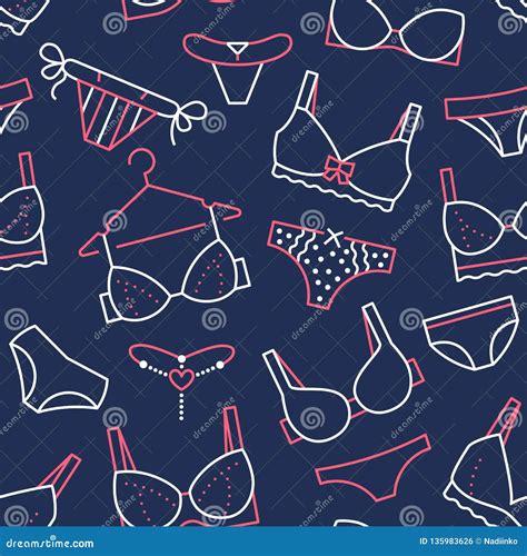 Lingerie Seamless Pattern With Flat Line Icons Of Bra Types Panties