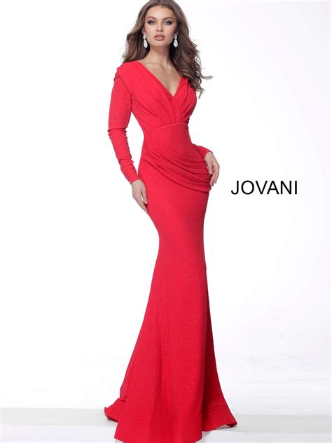 Jovani Dress 65520 Red Long Fitted Long Sleeve V Back Glitter Evening