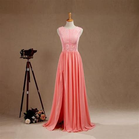 A Line Jewel Neck Floor Length Chiffon Match Lace Prom Formal Evening