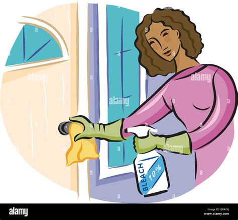 A woman cleaning a door knob with bleach disinfectant spray Stock Photo - Alamy