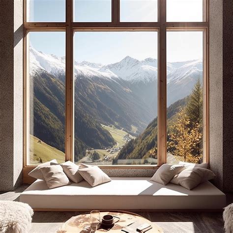 Premium AI Image | A window with a view of the mountains and the mountains