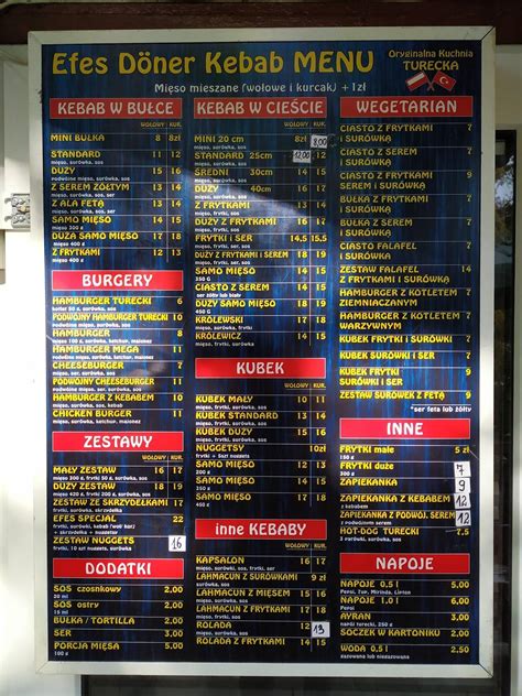 Menu at Efes Kebab restaurant Tychy Żwakowska 20