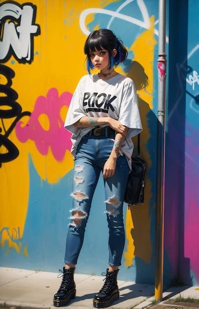 Premium Photo Beautiful Girl Posing In Front Of Graffiti Wall