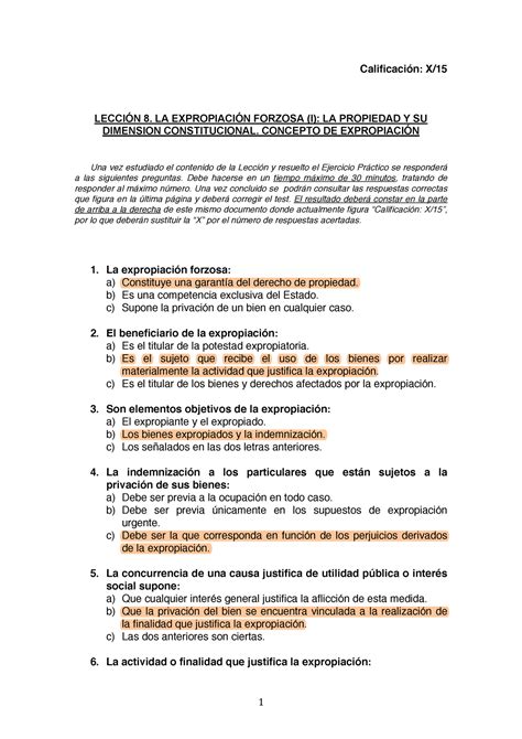 Lección 2 Expropiación forzosa I 1 Calificación X LECCIÓN 8 LA