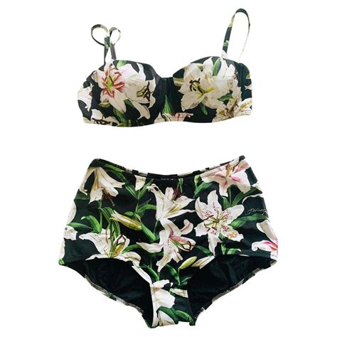 Dolce And Gabbana Black White Lily Two Piece Swimsuit Bikini Swimwear