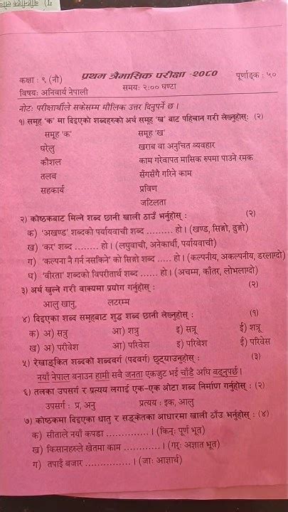 Class 9 Nepali Questions Paper 2080 कक्षा ९ को नेपाली विषयको प्रश्न