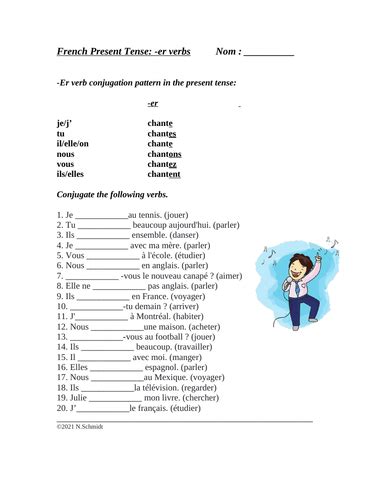 French Er Verbs Present Tense Worksheet 20 Short Answer Questions Teaching Resources