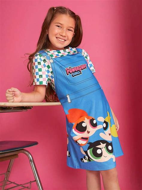 THE POWERPUFF GIRLS X SHEIN Tween Girl Cartoon Graphic 2 In 1 Dress