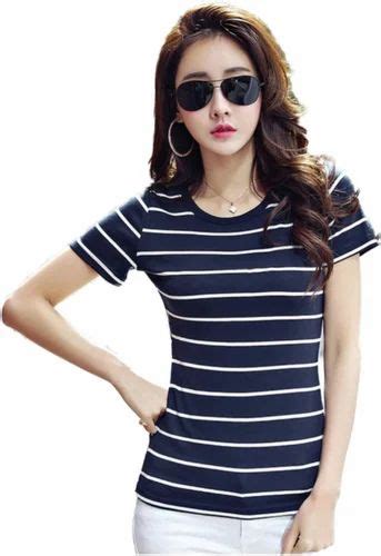 Half Sleeve Women Cotton Blend Black Striped T Shirt Casual Wear Size