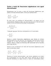 Suma Y Resta De Fracciones Algebraicas Docx Suma Y Resta De