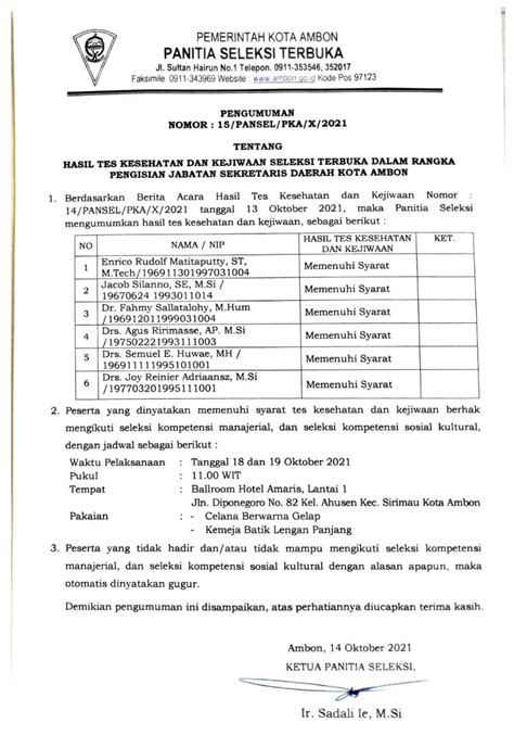 Hasil Tes Kesehatan Dan Kejiwaan Calon Sekot Enam Dinyatakan