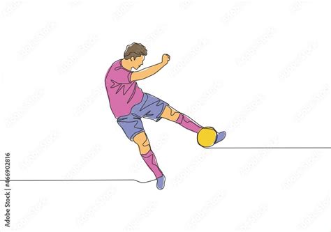 One Continuous Line Drawing Of Young Talented Football Player Shooting