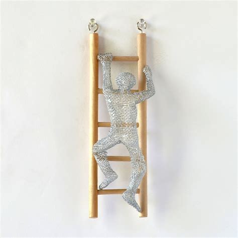 Climbing Man Sculpture On Wood Ladder Wire Mesh By Nuntchi