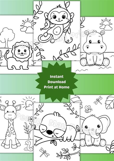 Printable Jungle Animal Coloring Pages Six Pages Large Print Kids And