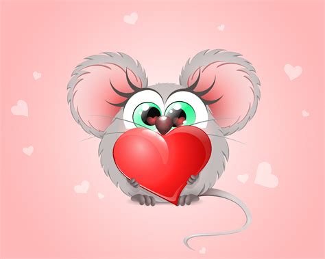 Cartoon Funny Mouse Girl With Big Red Heart In Its Paws And Heart Reflection In The Eyes