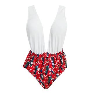 Dobre Damskie Seksowne Jednoczęściowe Bikini Głębokie Plunge Dekolt W Serek Kwiatowy Drukowany