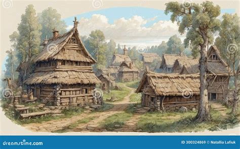 Old Wooden Houses In Ancient Slavic Village Stock Illustration