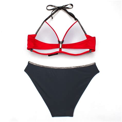 On Sale Essv Red Patchwork Bikini Set Women Push Up Swimsuit Padded Swimwear Halter Summer