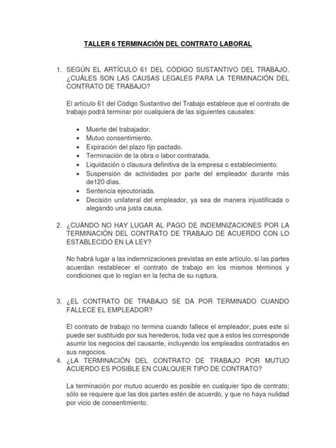 Taller 6 Causa De Terminacion Del Contrato Laboral 1 Ariana Leon Pdf Derecho Laboral Justicia