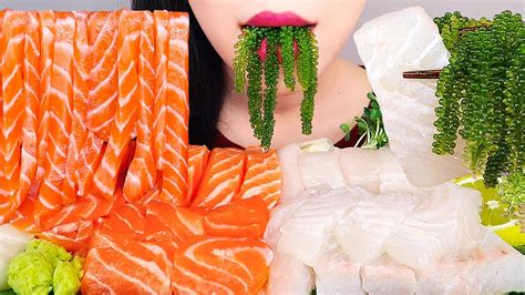 ASMR SALMON NOODLES 연어국수 광어회 연어회 먹방 RAW FLAT FISH FRESH SEAFOOD