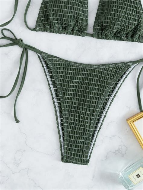 Дамски бански Smocked Halter Tie Side Bikini Swimsuit EMMA