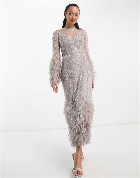 Asos Edition Pearl And Sequin Long Sleeve Midi Dress With Faux Feather