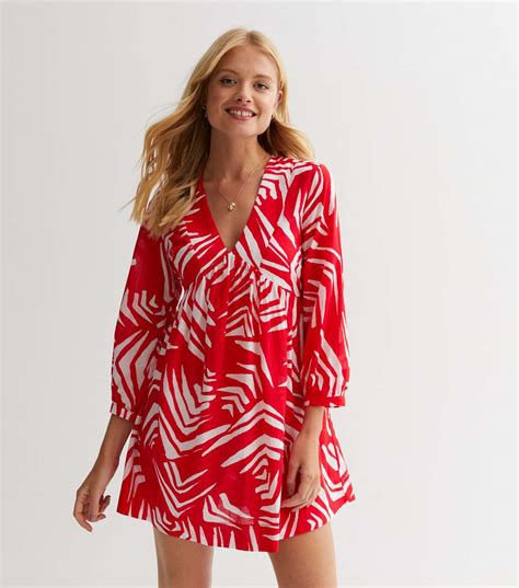 Red Abstract Print Cotton Smock Mini Dress New Look