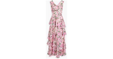 Mikael Aghal Tiered Floral Print Habotai Gown In Pink Lyst