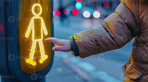 A Child Excitedly Pressing The Pedestrian Button Unaware That The Walk