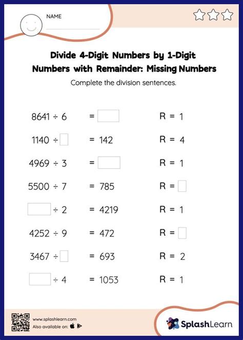 Divide 4 Digit Numbers By 1 Digit Numbers With Remainder Missing