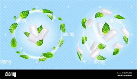 Swirls Of Chewing Gums And Mint Leaves Flying On Wind Concept Of Fresh Breath Menthol Flavor