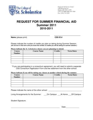 Fillable Online Resources Css Request For Summer Financial Aid The