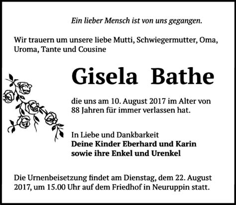 Traueranzeigen Von Gisela Bathe Trauer Anzeigen De