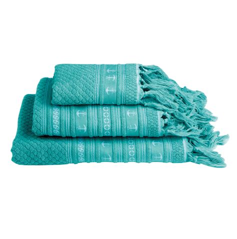 Serviettes De Bain 3 Tailles En Coton Turquoise Et Rayures Blanches