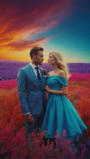 Una pareja en un campo de flores con el sol detrás de ellos Imagen