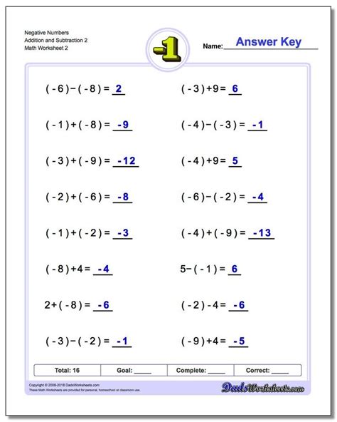 Negative Numbers Addition Worksheet And Subtraction Worksheet 2